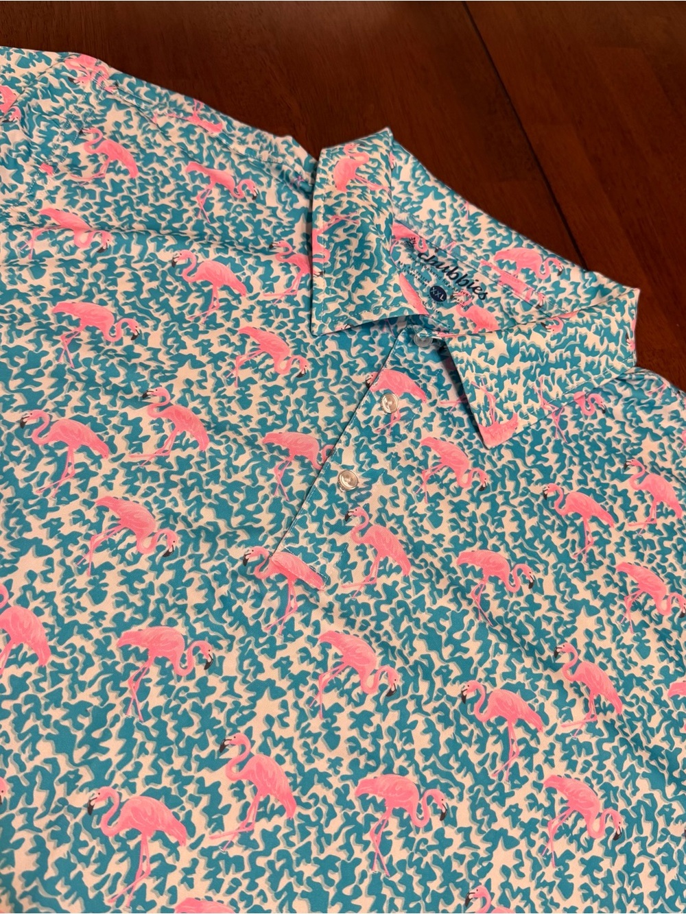 Chubbies Polo Shirt Mens 2XL Blue Pink Flamingo Print Golf Stretch Performance